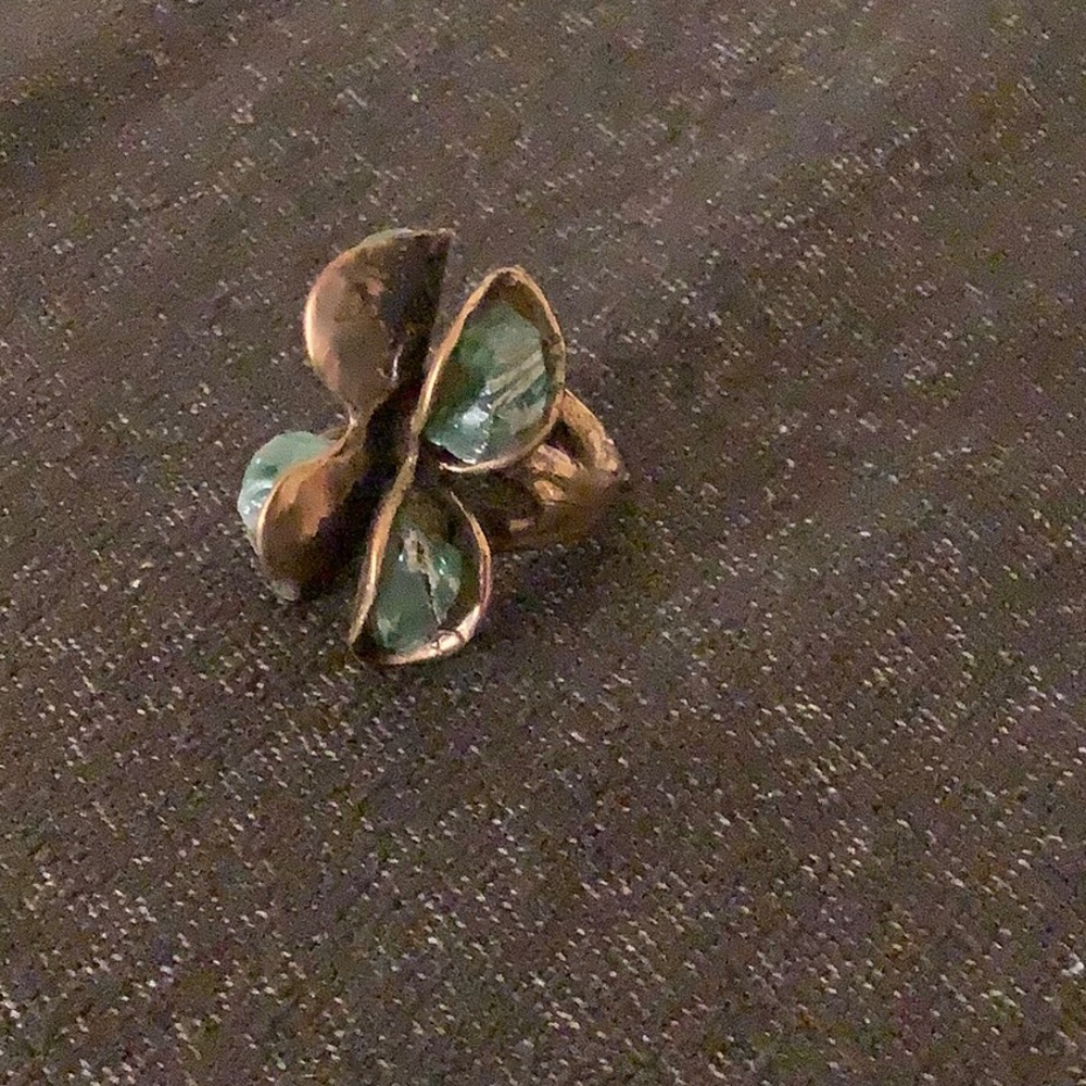 Brass teal jeweled statement ring sz 6